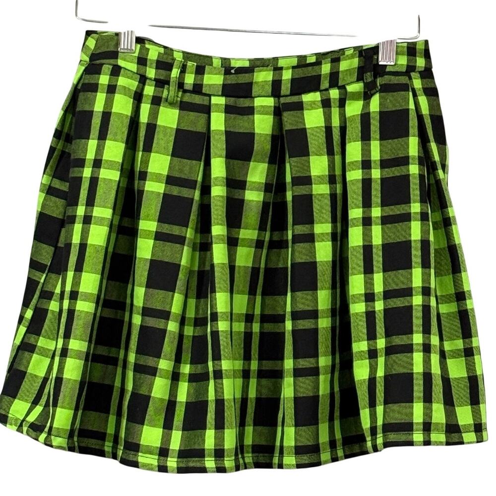 Hot Topic Neon Green Black Plaid Pleated Mini Skirt Goth Punk Emo Grunge Size SM